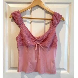 Kimchi Blue Pink Lace Mesh Coquette Cropped Top Babydoll Size Large NWT